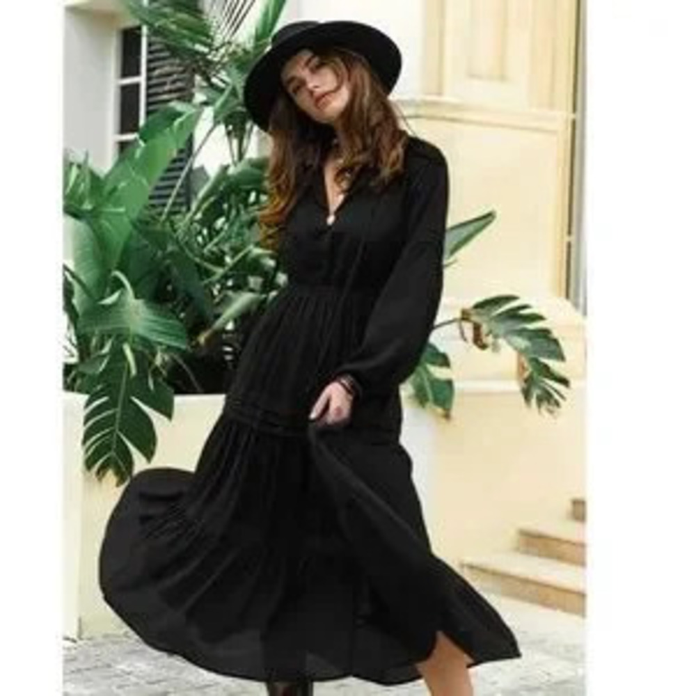 Black Bohemian Maxi Dress Chiffon Neck Ties Long Sleeve Ruffle Hem Flowy - Picture 4 of 6
